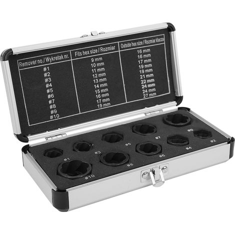 Kit de 10 extracteurs de boulons hexagonaux en acier noir pour écrous et goujons endommagés, avec coffret en aluminium. (1/5)