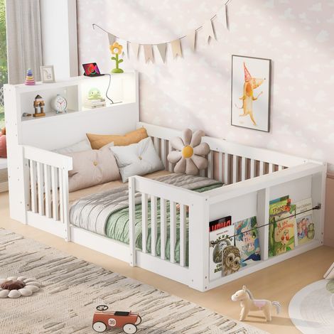 Lit enfant 90x190 cm - Lit simple en bois avec barrières de sécurité, USB, veilleuse et rangement - Blanc (1/5)