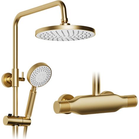Columna ducha,Juego de columna de ducha 3 en 1,Cabezal de ducha de lluvia redondo de 225 mm,Sistema de ducha retro de oro cepillado,Cabezal de ducha de lluvia ajustable 360°,Ducha de mano de 3 modos (1/5)