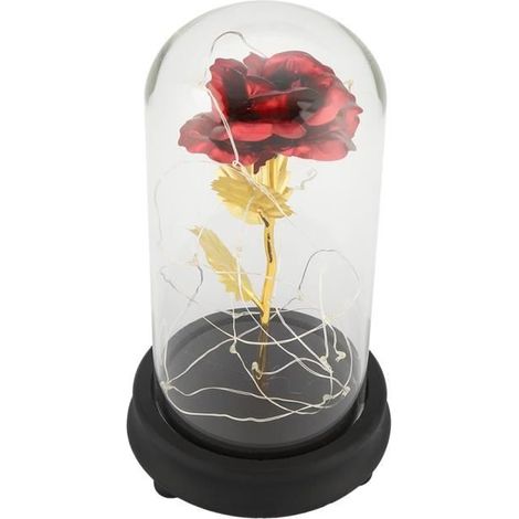 Rose Plaqué Or 24K Rose Eternelle Fleur Rose Enchantée lumière LED Rose Préservée en Dôme en Verre, cadeau de mariage (Rouge)-SEC (1/4)