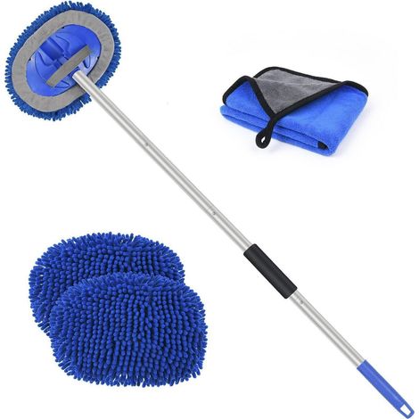 Brosse de lavage auto télescopique 160cm, 3-en-1, avec 2 têtes microfibre et chiffon (1/5)