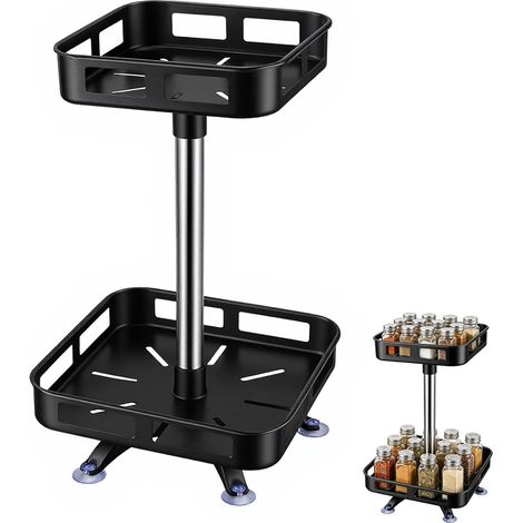 Lazy Susan Organiseur de plateau tournant à 2 étages carré en acier au carbone Noir Organiseur d'épices et de parfum pour cuisine, armoire, coiffeuse et salle de bain (1/5)