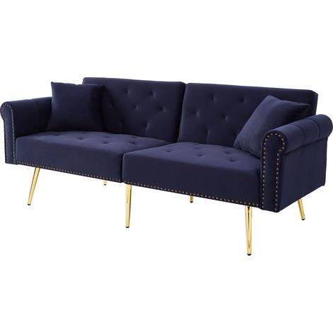 Divano Letto a 2 Posti con Velluto, Schienale Regolabile in 3 Posizioni, Piedini Metallo Oro Placcato, Design Elegante, Blu (1/5)