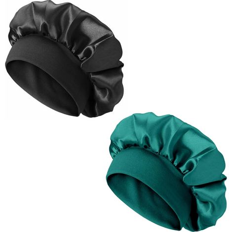 2-teiliges Satinhauben-Set für Damen, Seidenhaar-Nachthaube, Satinhaube mit weichem Gummiband, Seidenhaube zum Schminken (Cyan+Schwarz) (1/5)