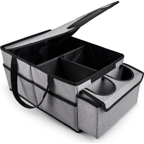 Organizzatore per auto per sedili anteriori e posteriori, contenitore pieghevole con portabicchieri, organizer multi-scomparto per giocattoli, snack e libri (grigio)