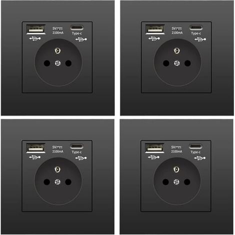 Lot de 4 prises murales encastrées avec USB et USB-C, 5V 2,1A, multiprise standard UE 110-250V, compatible prise française, couleur noire (1/5)