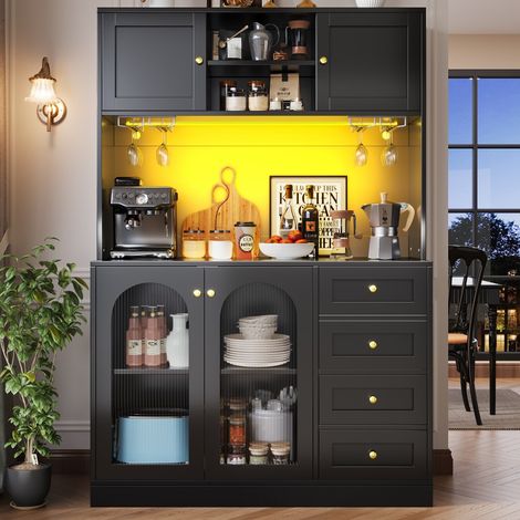 Buffet et enfilade style campagnard-4 portes-LED intégré-porte gobelets-noir et blanc-120x40x188cm