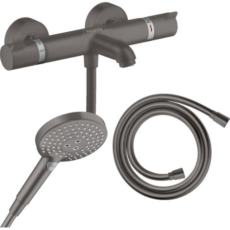 Pack mitigeur bain douche thermostatique HANSGROHE Ecostat Comfort + Flexible Isiflex + Pommeau Raindance Select 3jets noir