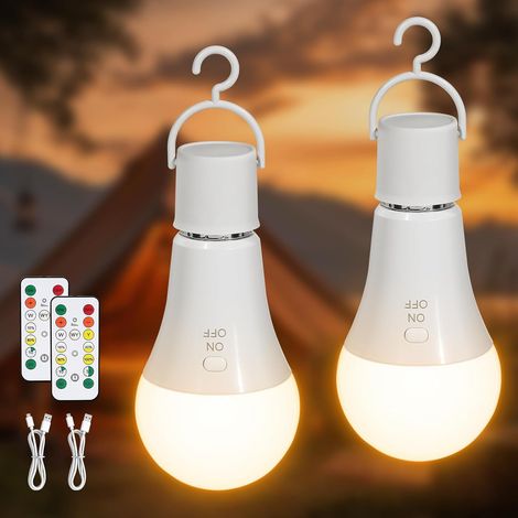7 W E27 Ampoule Rechargeable avec Telecommande, 3 Couleur, Lot de 2 Batterie Ampoule, Sans Fil, Sans Electricite, Dimmable, Chargement USB-C, Contrôle des Boutons, Funzione Timer (1/5)
