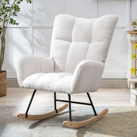 Mecedora de tela Teddy con bolsillo, mecedora suave para habitación infantil, cómoda mecedora con respaldo alto y base segura de madera maciza, para sala de estar, color blanco. (1/5)
