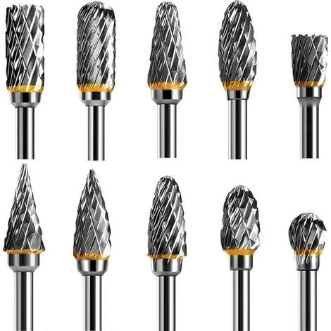 Jeu de Fraises Rotatives Acier Carbure de Tungstène Double Tranchant pour Outil rotatif, 10 pièces Tige 1/8” pour Outil Rotatif pour Bricolage, Sculpture sur bois, Polissage métaux, Gravure, Perçage (1/5)