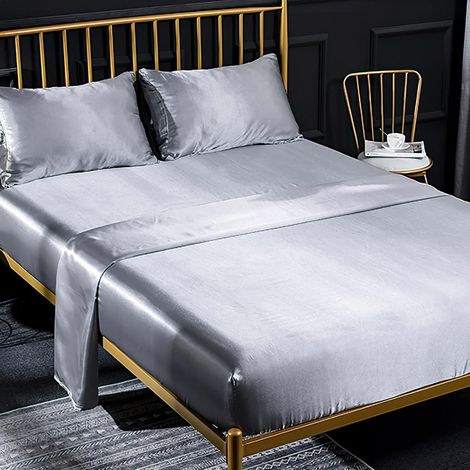 Ensemble 4 Pièces de Draps de Lit en Satin Couleur Unie 1 x Drap Housse 160x200 cm 2 Personnes avec Grand Bonnet de 35 cm, 1 x Drap Plat et 2 x Taie d'oreiller, Argent (1/5)