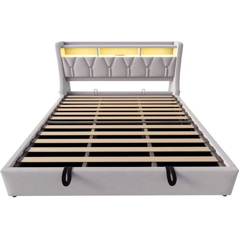Letto contenitore imbottito 180 x 200 cm in velluto grigio chiaro con LED (1/5)