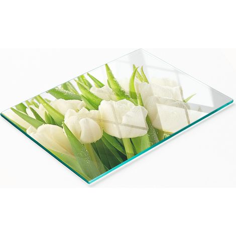 Dekoratives Küchenschneidebrett aus Glas, weiße Tulpen, 80 x 52 cm (1/5)