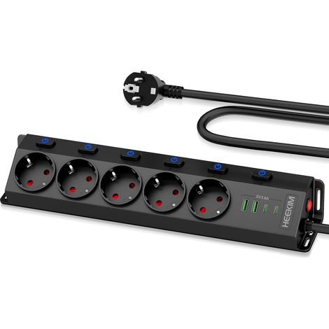Multiprise 5 Prises avec 2 USB-A et 2 USB-C, Multiprise avec Interrupteur 4000W 16A, Rallonge Électrique 3M pour Cuisine et Bureau, Noir (Noir, 3M) (1/5)
