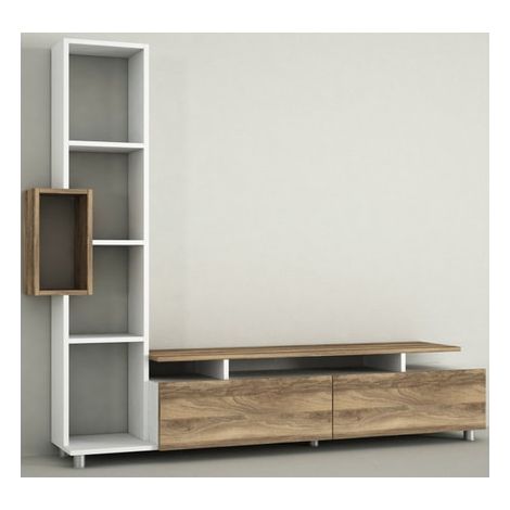 Cotecosy – Meuble TV scandinave 100% mélaminé blanc et noyer – Grand espace de rangement – Dimensions 160x29.5x46.8 cm – Fixation murale incluse (1/5)