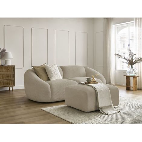 BOBOCHIC - Canapé droit fixe 2 places TINA tissu bouclette avec pouf   Beige (1/5)