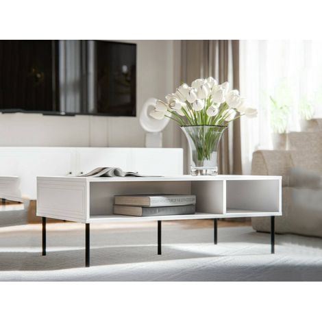 Mesa de centro Enemonzo, con dos compartimentos de almacenamiento, elevada del suelo, 110x60 h40 cm, blanca (1/3)