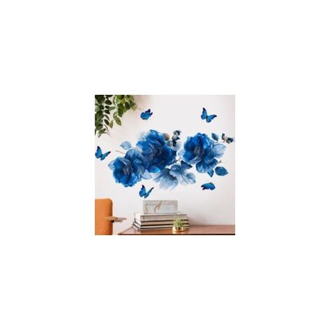 Pegatinas de pared florales de acuarela con mariposas y flores azules para dormitorio, sala de estar, baño y decoración del hogar - Crezuo