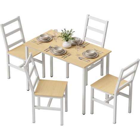 Ensemble table salle à manger avec 4 chaises. table rectangulaire 108 cm. chaises à dossier à lattes. chêne et blanc. design scandinave (1/5)