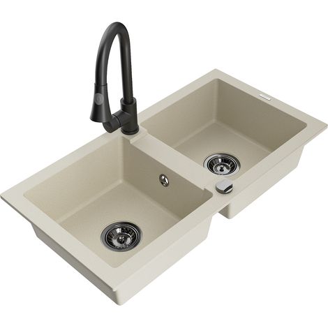 Mexen Mario 2-Becken-Granitspüle mit Mischbatterie Elia, Beige - 6504-69-670101-70 (1/5)