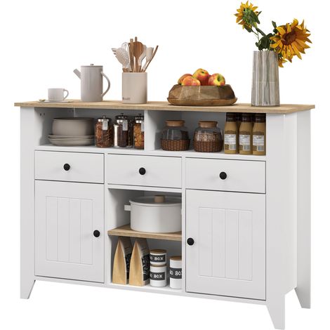Buffet de cuisine pour téléviseurs 50 pouces avec 3 tiroirs et 2 portes, 120 x 38 x 81,5 cm, blanc (1/5)