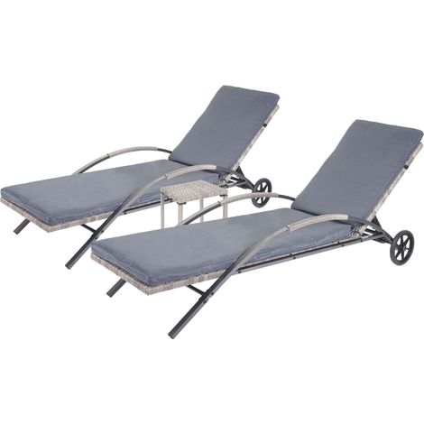 Ensemble de 2 chaises longues bain de soleil transat de jardin avec petite table polyrotin gris coussins gris 040002963 (1/5)