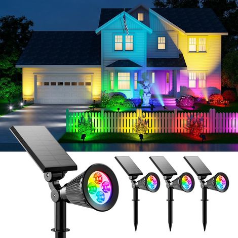 Lot de 4 projecteurs solaires d'extérieur à changement de couleur pour arbres, fleurs, plantes, statues, panneaux ou murs décoratifs éclairage paysager étanche (effet arc-en-ciel)