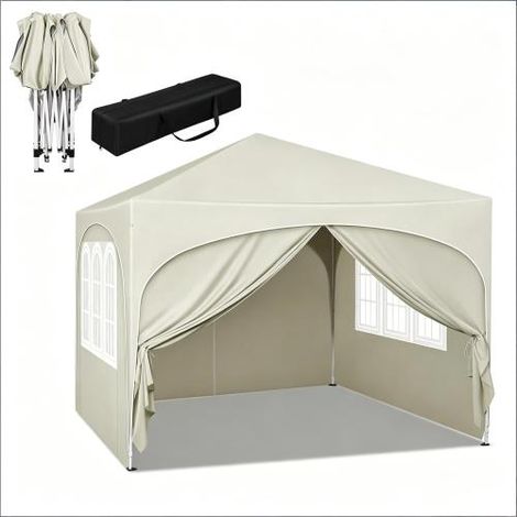 Tonnelle 3x3m beige pliable anti-UV étanche 4 parois amovibles + sac (1/5)