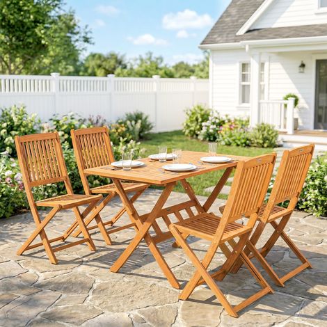 Gartenmöbel Set FSC Holz Sitzgruppe 5-teilig Klappbar Tisch mit 4 Klappstühlen Lamellendesign