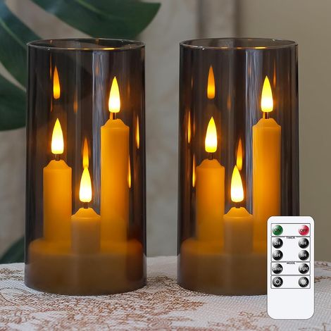 Bougie conique sans flamme 3 en 1 avec télécommande à 10 boutons et minuterie, alimentée par piles, lot de 2 bougies colonnes LED en acrylique, 7,6 cm x 15,2 cm, lumière chaude vacillante. (1/5)