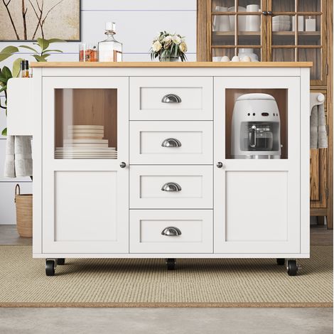 Kücheninsel,Küchenschrank,Buffetschrank,120x73(45)x93cm,ausziehbarer Küchenwagen mit Rollen, Handtuchhalter, Gewürzregal, verstellbaren Einlegeböden, zwei Türen, vier Schubladen, weiß/schwarz (1/5)