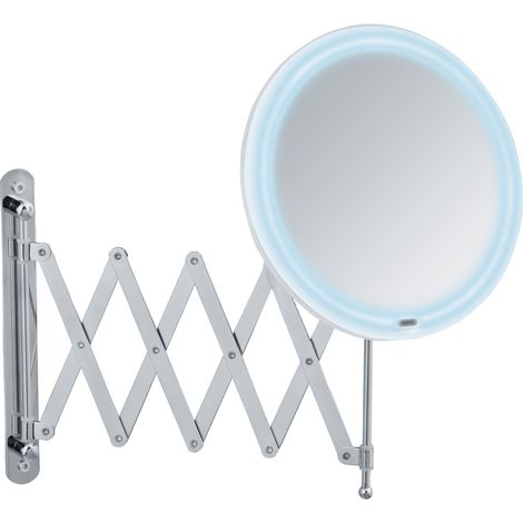 WENKO Specchio da trucco a muro Barona con LED, braccio telescopico, ingrandimento x5, Ø 20 cm, Acciaio - Plastica, 20x34x55 cm, Cromato (1/2)