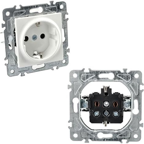2P+T 16A Schuko Plug and Dual Switch Switch, 230V, Interior Wall Decoration, Frame and Mechanism, Polycarbonate White (1/3)