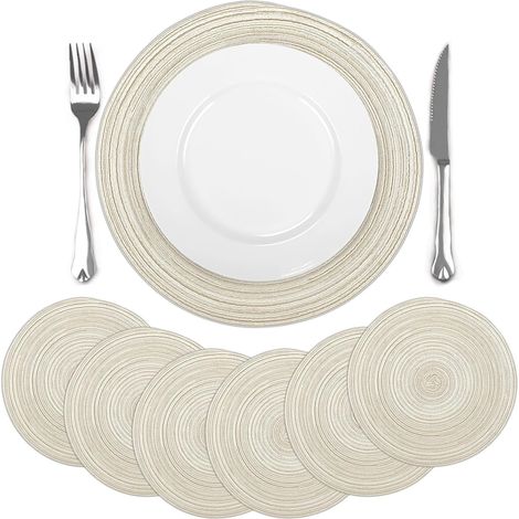 Lot de 6 sets de table ronds tressés beige, antidérapants, lavables, 38 cm. (1/5)