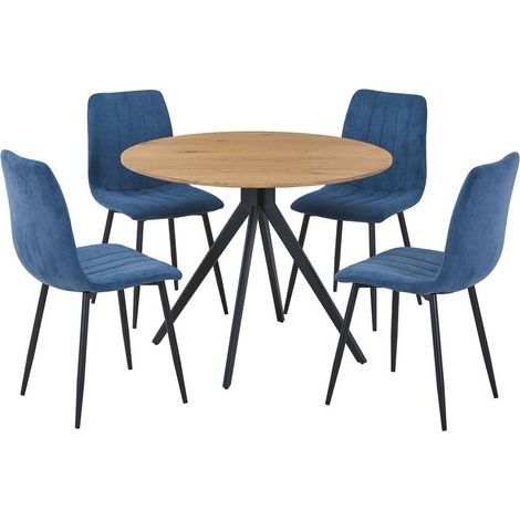 Aspen Light Oak Round Table & 4 Blue Fabric Chair Set - MDF/Metal - L54 x W44 x H88 cm