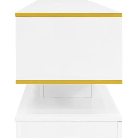 Meuble TV bas 180 cm, laqué blanc et doré à éclairage multicolore, banc télévision blanc et doré en panneaux de particules, 3 tiroirs et une niche ouverte, meuble TV moderne pour salon et séjour (1/5)
