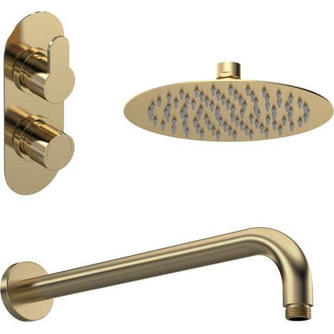 Nuie Arvan Thermostatic Twin Round Concealed Shower Valve with Fixed Head and Arm - Brushed Brass (1/2)