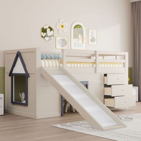 Lit mezzanine bas 90x200 avec toboggan et rangements (3 tiroirs + 2 portes) - Amusement et organisation pour chambre d'enfant - Crème (sans Matelas) (1/5)