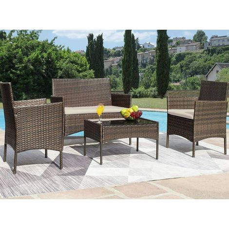 4pcs Rattan Outdoor Garden Furniture Sofa Set Table & Chairs (Roger Brown)
