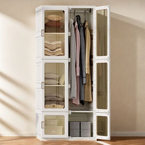 Armoire Portable Pliable, Armoire Plastique Rangement avec compartiments et cintre, Wardrobe Closet Penderie Pliable Multifonction avec 6 Portes Magnétique Transparente (1/5)