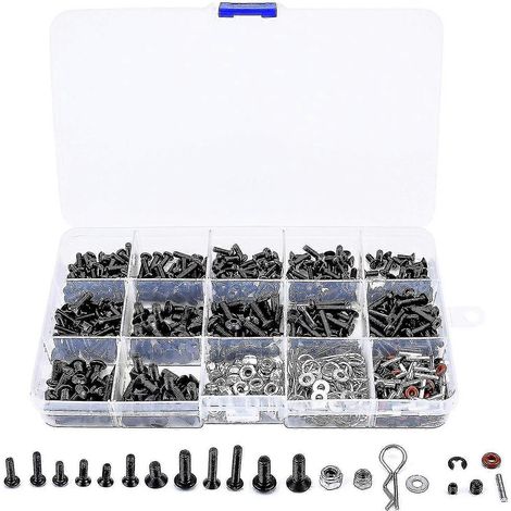 Kit de 500 vis pour voitures RC (vis hexagonales, écrous, boucles), outil de réparation compatible avec Arrma à l'échelle 1/8 et 1/16. (1/3)