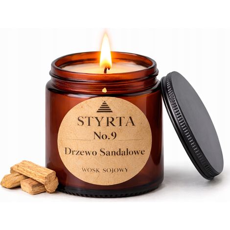 Bougie parfumée au bois de santal et à la cire de soja, 150 ml. Verre brun Styrta n° 9 (1/5)