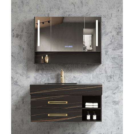 Meuble de salle de bain suspendu Noir avec motif doré - 120 cm - Jaipur (1/3)