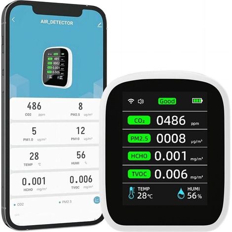 Luftqualitätsmonitor, 8-in-1-WLAN-Multifunktionsdetektor für PM2.5 PM10/PM1.0/Temperatur, Luftfeuchtigkeit, HCHO, TVOC (1/5)