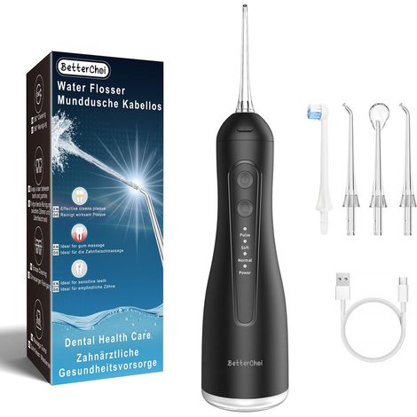 Hydropulseur dentaire portable sans fil – 4 modes de nettoyage, 1800 impulsions, réservoir de 300 ml, étanche IPX7, chargement USB Type-C pour la maison, les voyages, noir (1/5)