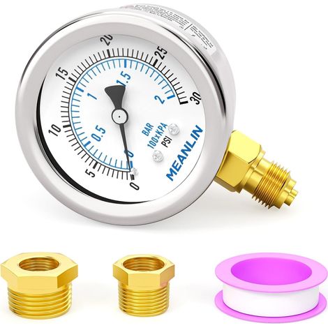 02BAR/030PSI Stainless Steel Dry Pressure Gauge 1/8" BSP 2" DIAL FACE Waterproof for Well Pump, Water Pressure, Bottom Mount, with Hex Socket 1/4" BSP and 3/8" BSP (1/5)