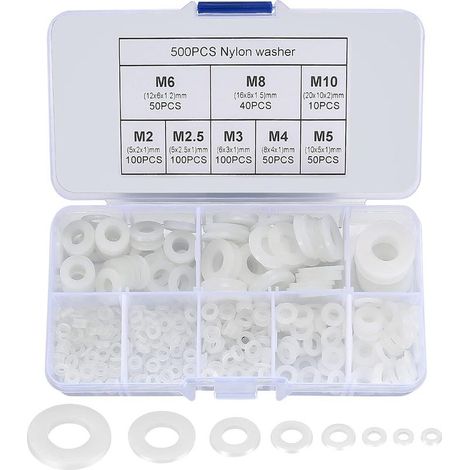 Pack de 500 rondelles plates en nylon – 8 tailles M2 à M10 – Isolation thermique et résistance à la corrosion – Boîte de rangement incluse (1/5)
