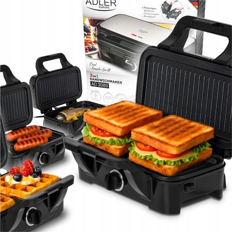 3-in-1 Elektrischer Sandwichmaker 1200W Kontaktgrill und Waffeleisen mit austauschbaren Antihaftplatten