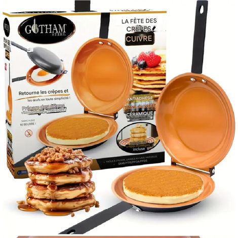 Poêle à crêpes et gateau double face antiadhésive dorée, poêle mexicaine pliable, pour tortillas, pancakes et patisseries, cuisson uniforme et pratique (1/5)